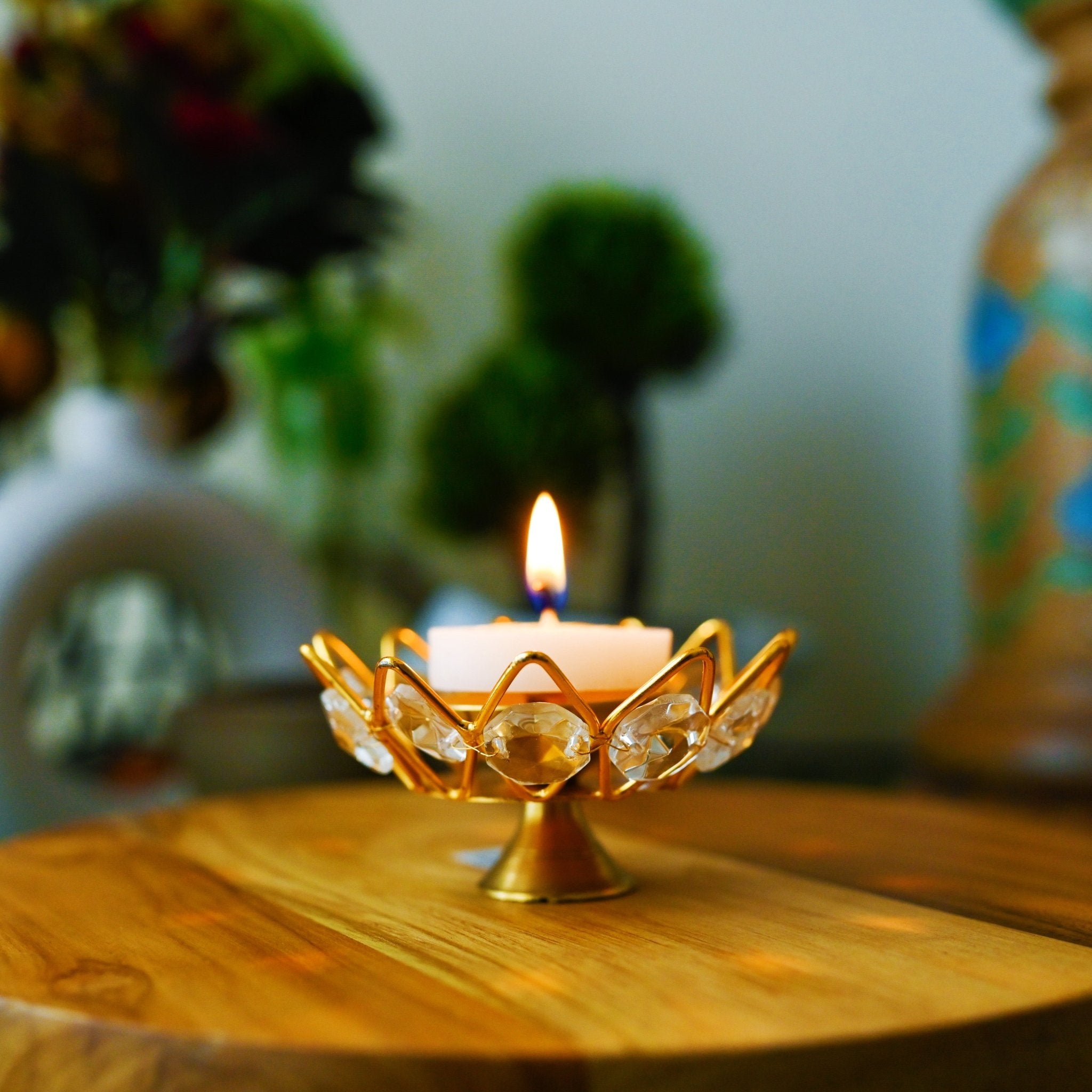 Gold Crystal Glass Diya - 2 - SweeDesi