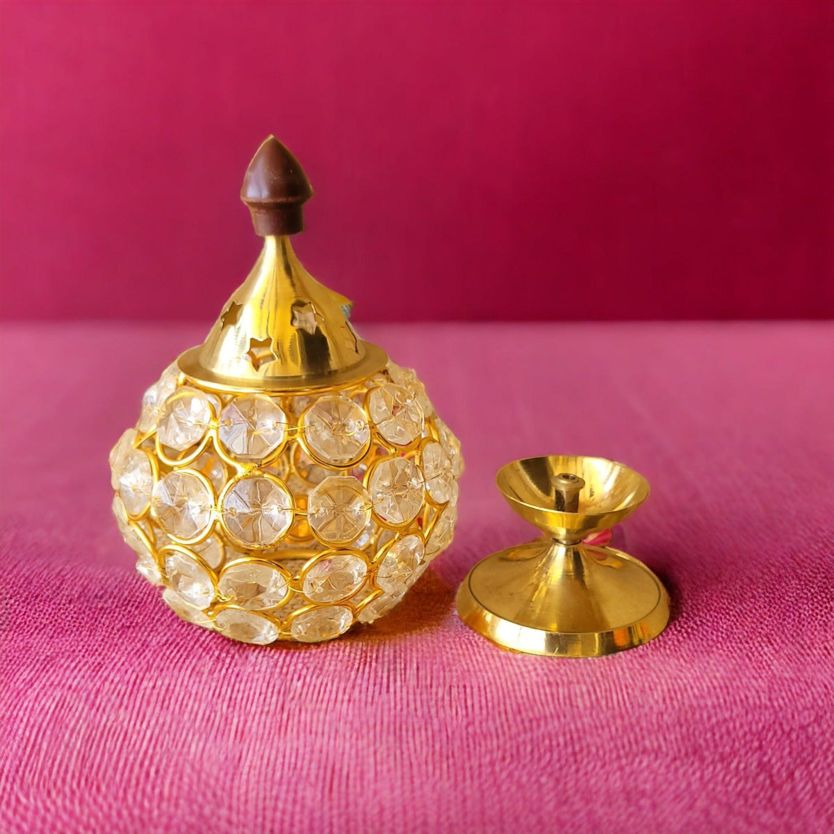    Gold Crystal Flower Glass Diya Holder available online at SweeDesi